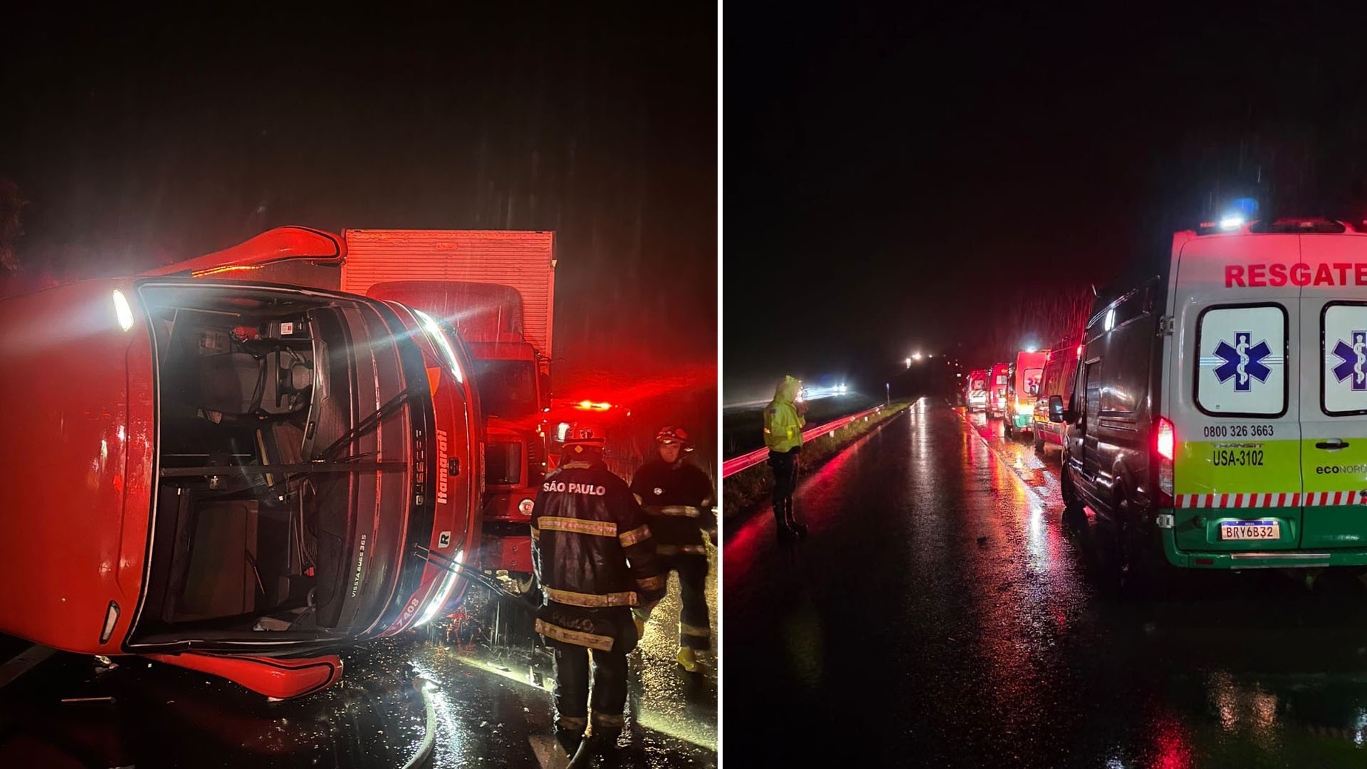 Ônibus tomba e é atingido por caminhão na rodovia Washington Luís, em Uchoa; 13 ficam feridos