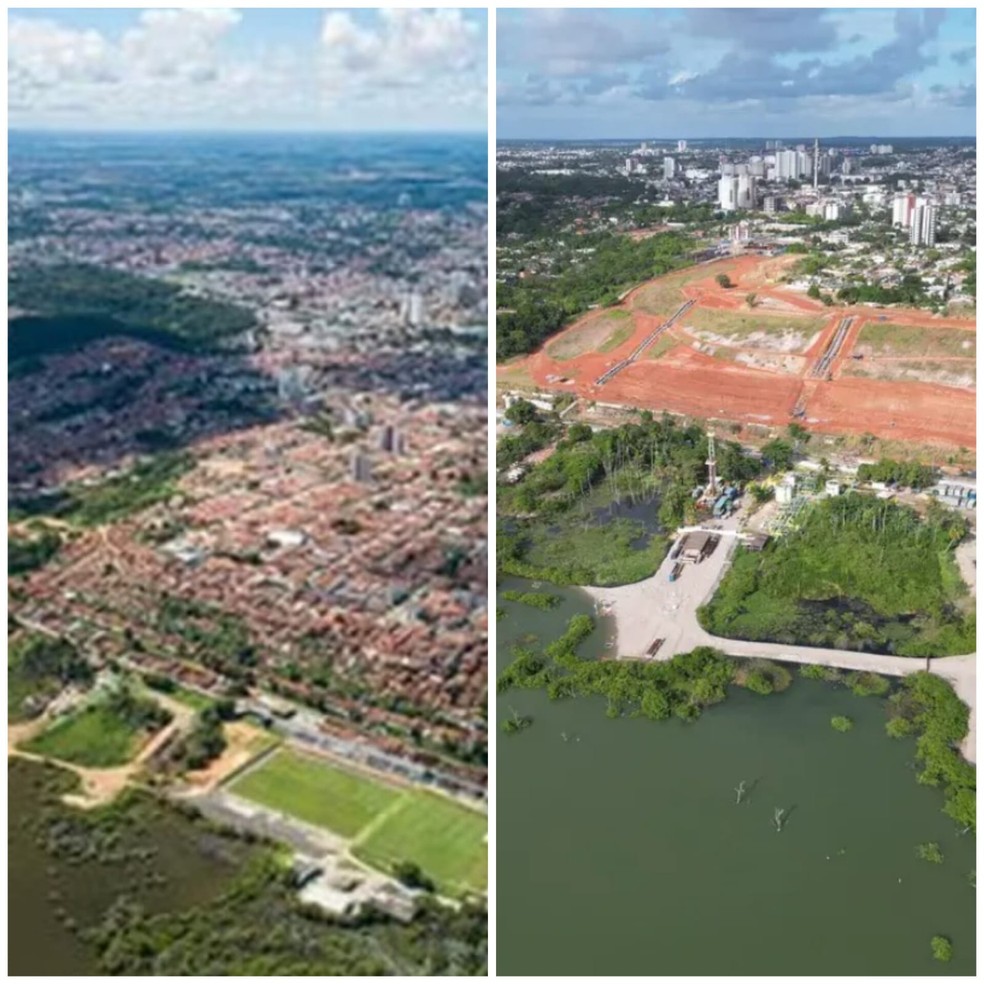 Bairro do Mutange, em Maceió, antes de depois da demolição dos imóveis desocupados por causa da mineração — Foto: g1 AL