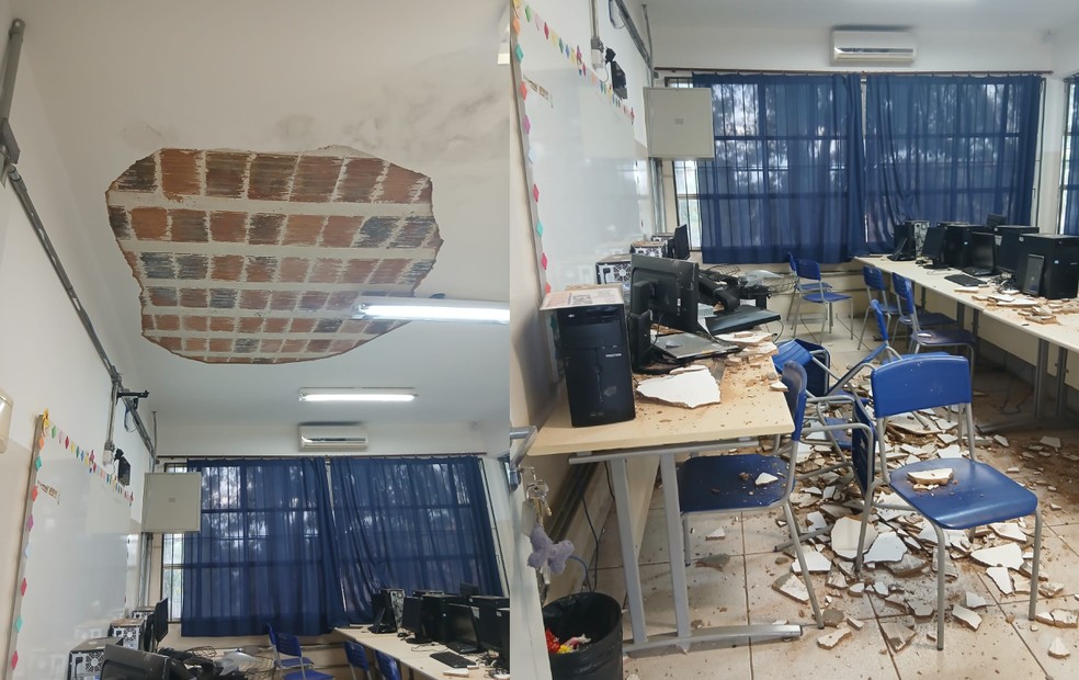 1 de 2
Duas alunas ficam feridas ap&oacute;s parte de teto cair em sala de inform&aacute;tica de escola em Igara&ccedil;u do Tiet&ecirc; &mdash; Foto: Defesa Civil/Divulga&ccedil;&atilde;o