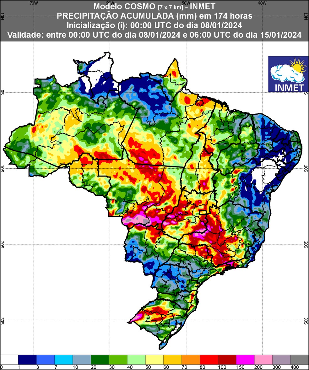 Previsão de acumulado de chuva entre os dias 08 a 15/01/2024. — Foto: Inmet