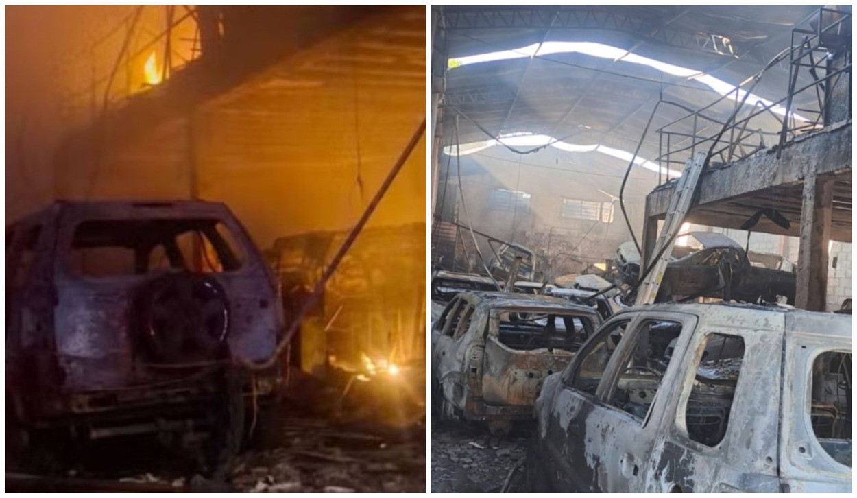 VÍDEO: incêndio em oficina destrói 23 carros, e prejuízo pode chegar a R$ 1,5 milhão no interior de SP