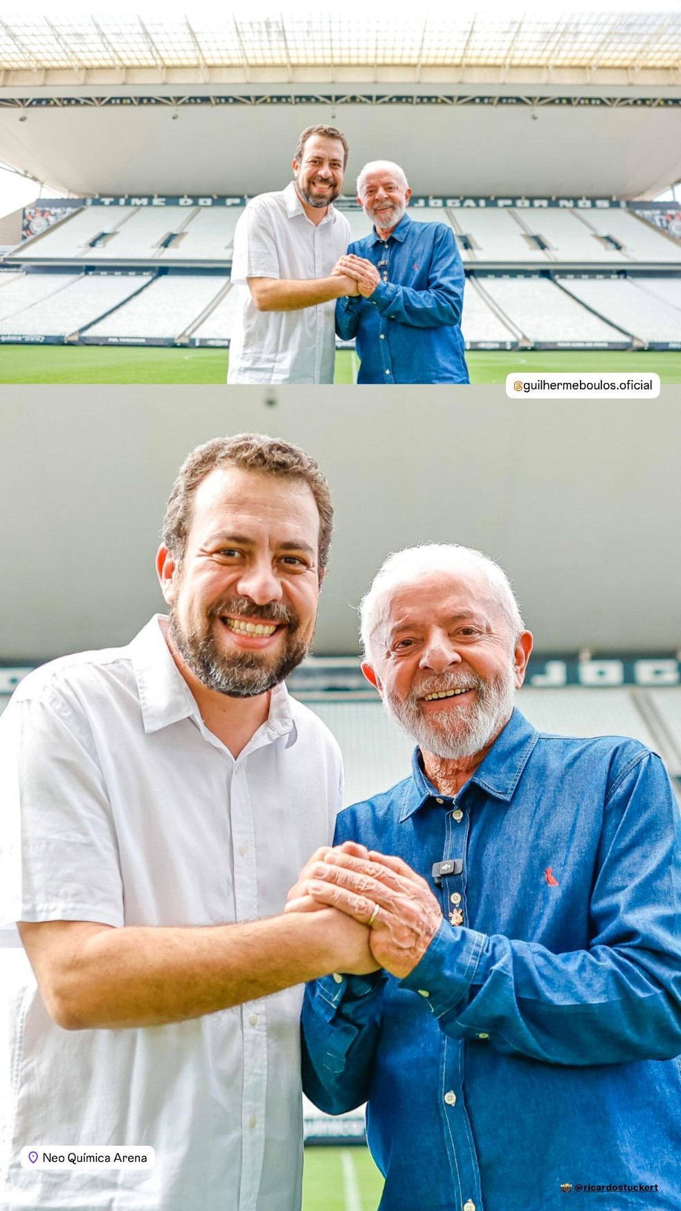 O presidente Lula e o pré-candidato a prefeito de SP Guilherme Boulos (PSOL) durante ato do 1º de Maio no estádio do Corinthians, em Itaquera — Foto: Reprodução/Instagram