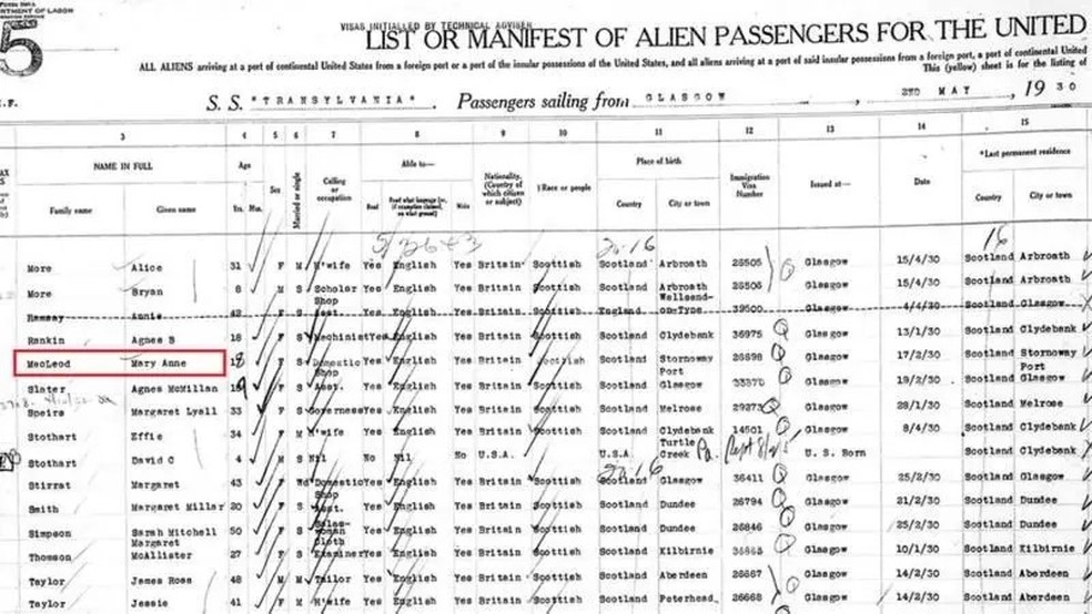 O nome da mãe de Trump aparece nos registros de imigração da época digitalizados pela Fundação Estátua da Liberdade — Foto: Ellis Island