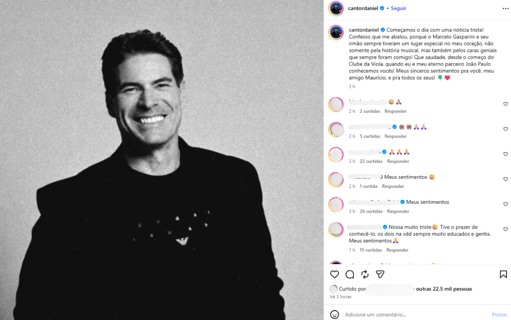 Em publicação nas redes sociais, Daniel lamenta morte de Marcelo Gasparini: 'Lugar especial no meu coração'