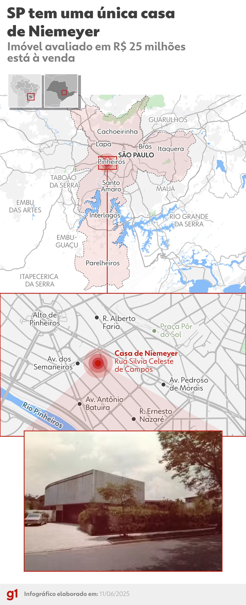 Mapa da casa do Niemeyer em SP — Foto: Arte/g1