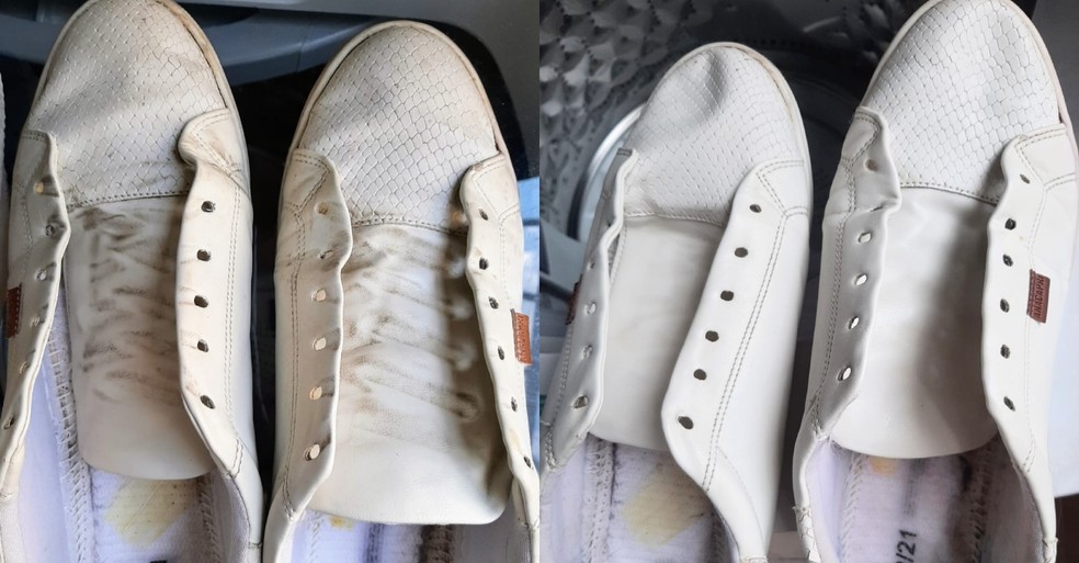 Antes e depois da lavagem do tênis branco na máquina — Foto: Marília Barbosa/g1