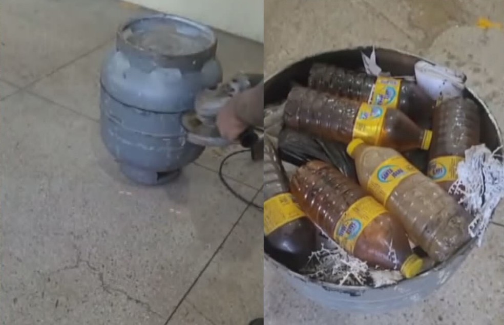 Botijão de gás de cozinha com drogas, bebidas alcoólicas e celulares foi apreendido — Foto: Montagem/g1