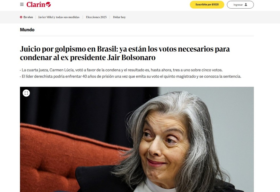 Clarín repercute a formação de maioria no STF para condenação de Bolsonaro. — Foto: Reprodução/Clarín