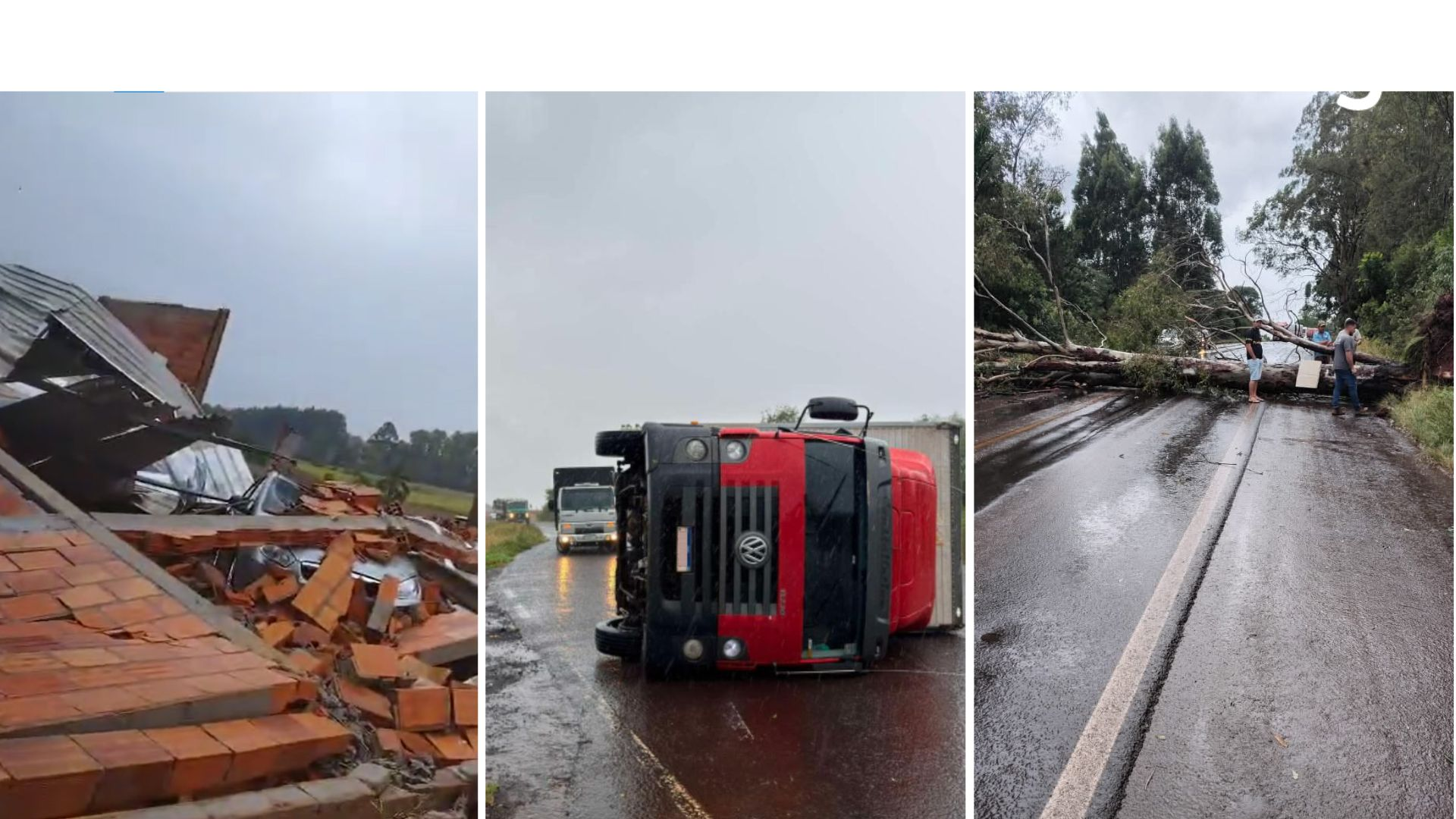 Temporal no RS: caminhão tomba com a força de vento em estrada; quedas de árvores e casas destelhadas também foram registradas
