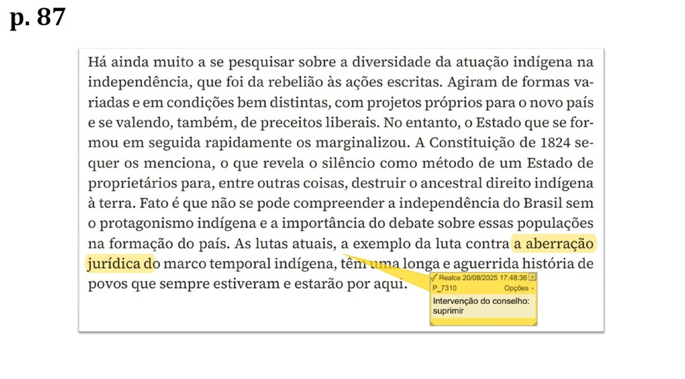 Documento de historiadores aponta trechos censurados de livro sobre a independência. — Foto: Reprodução