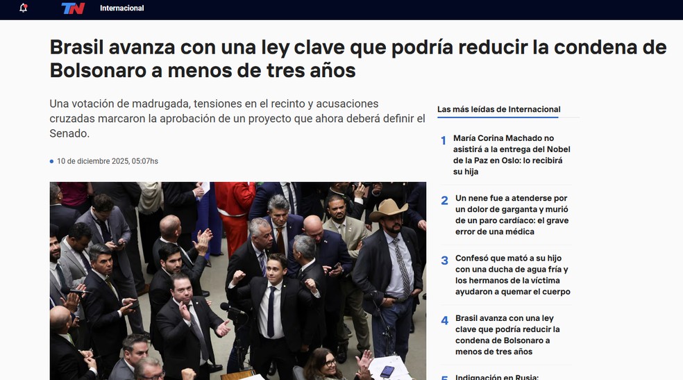 Reportagem do site Todo Noticias (TN), da Argentina, sobre a aprovação do PL da Dosimetria pela Câmara dos Deputados em 10 de dezembro de 2025. — Foto: Reprodução
