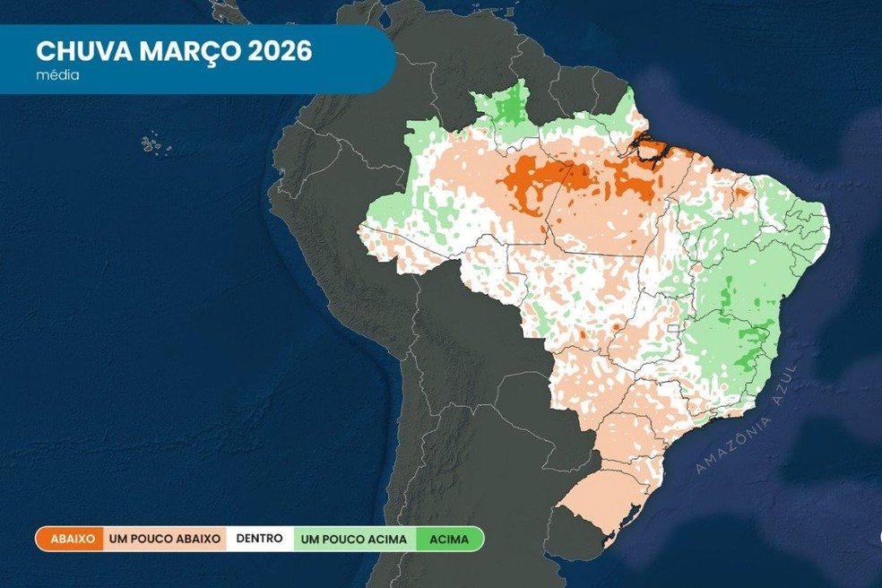 Previsão da anomalia de temperatura para março de 2026; tons de azul indicam temperatura abaixo da média; tons de vermelho indicam temperatura acima da média. — Foto: Climatempo