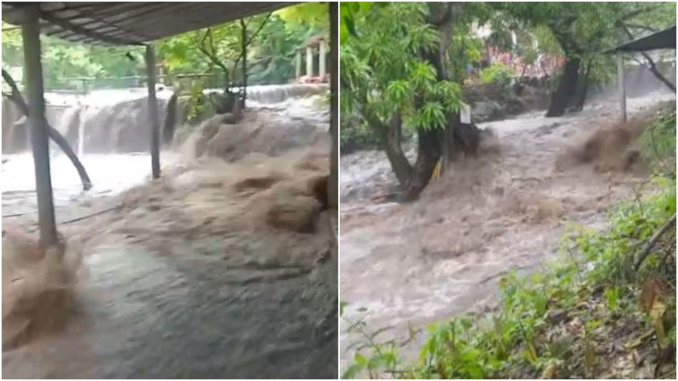 Cabeça d'água causou enchente com correnteza em balneários de Tucunduba, em Caucaia. — Foto: Reprodução