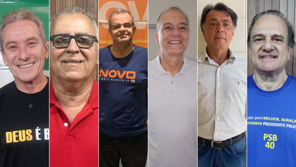 Conforme definiram as convenções partidárias para a disputa das Eleições 2024, candidatos a prefeito de Presidente Prudente (SP), em ordem alfabética do primeiro nome, da esquerda para a direita: Ed Thomas (MDB), Josué Alves Macedo (PSOL), Mauro César Martins de Souza (Novo), Milton Carlos de Mello 'Tupã' (Republicanos), Nilton José Miranda (PDT) e Paulo Lima (PSB) — Foto: Arte/g1