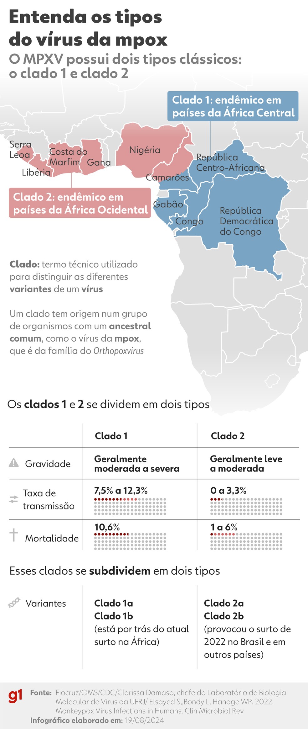 O vírus da mpox possui dois tipos clássicos, com diferentes níveis de gravidade. — Foto: Ana Moscatelli/Arte g1