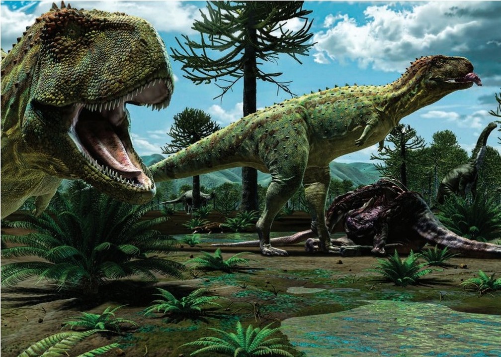 Ilustrao que mostra o Pycnonemosaurus nevesi, dinossauro Chapadense carnvoro, se alimentando de um Sauropode  Foto: Rodolfo Nogueira