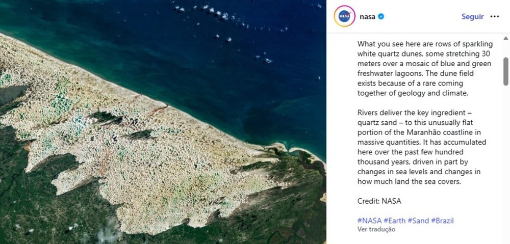 NASA divulga imagem de satélite que destaca as dunas dos Lençóis Maranhenses
