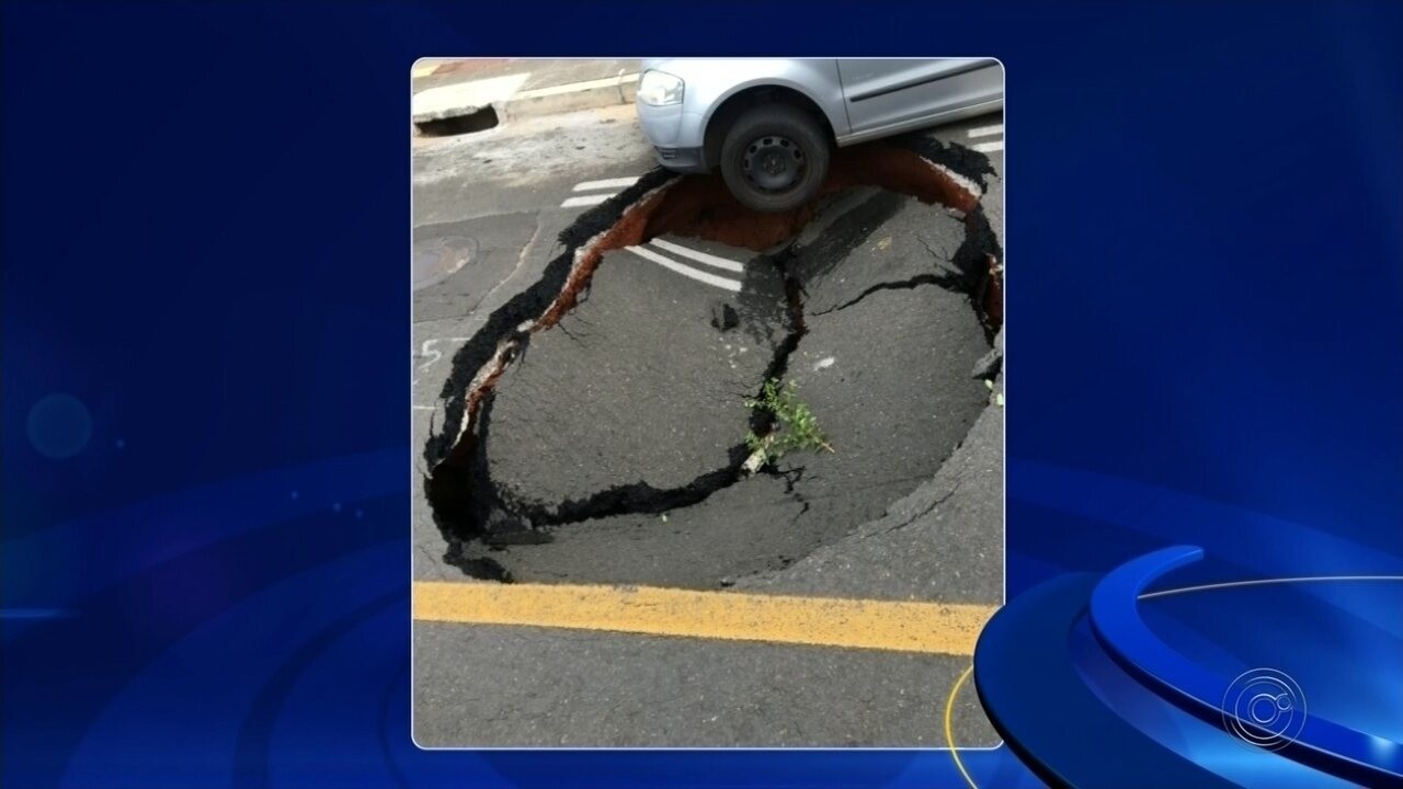 Asfalto cede e carro estacionado quase cai em cratera aberta em rua de ...