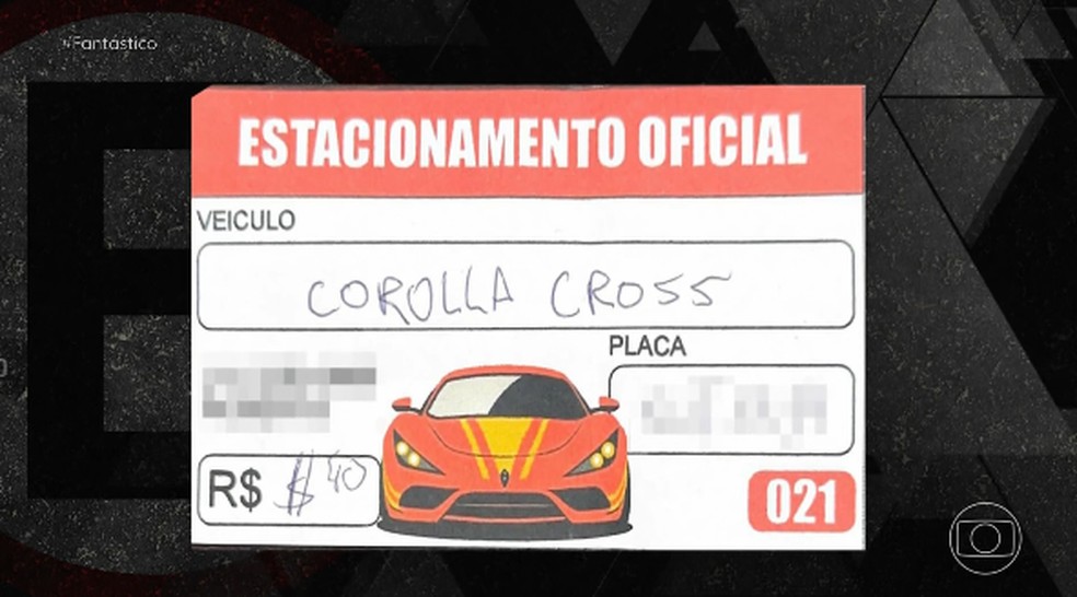Cartão falso de estacionamento usado no golpe do “valet fake” simula serviço oficial para enganar motoristas e facilitar o roubo de veículos. — Foto: Reprodução/TV Globo