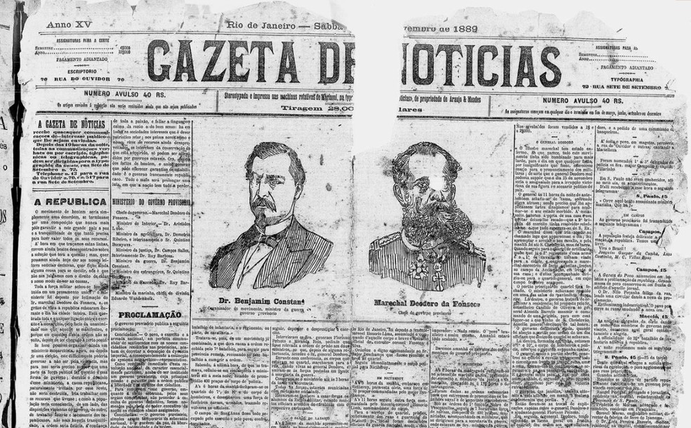 Primeira capa do Gazeta de Notícias (RJ) de 16 de novembro de 1889. — Foto: Biblioteca Nacional