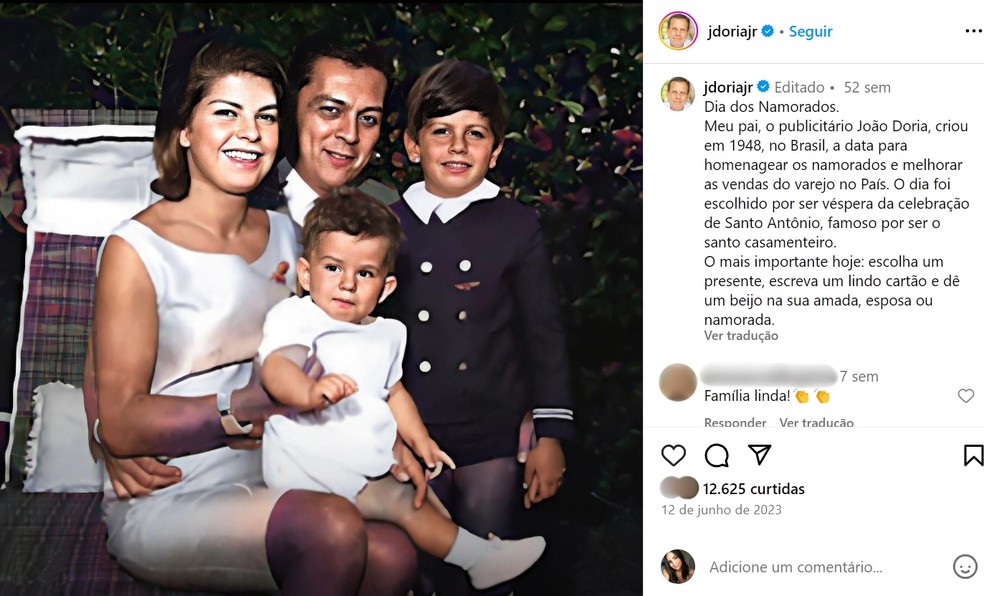 Ex governador de São Paulo publicou um homenagem ao pai, criador do Dia dos Namorados no Brasil — Foto: Instagram/ Reprodução