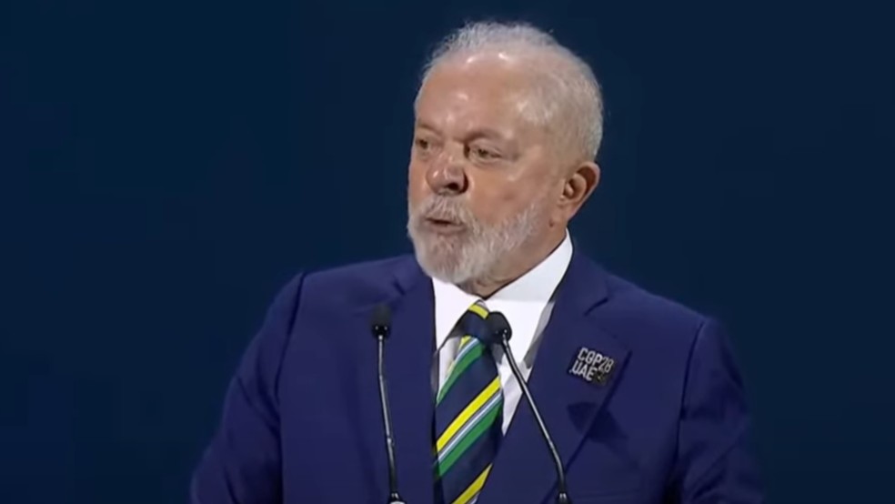 O presidente Luiz Inácio Lula da Silva discursou na abertura da conferência do clima da Organização das Nações Unidas (ONU), a COP 28, em Dubai, nos Emirados Árabes, no dia 1º de dezembro de 2023 — Foto: Reprodução