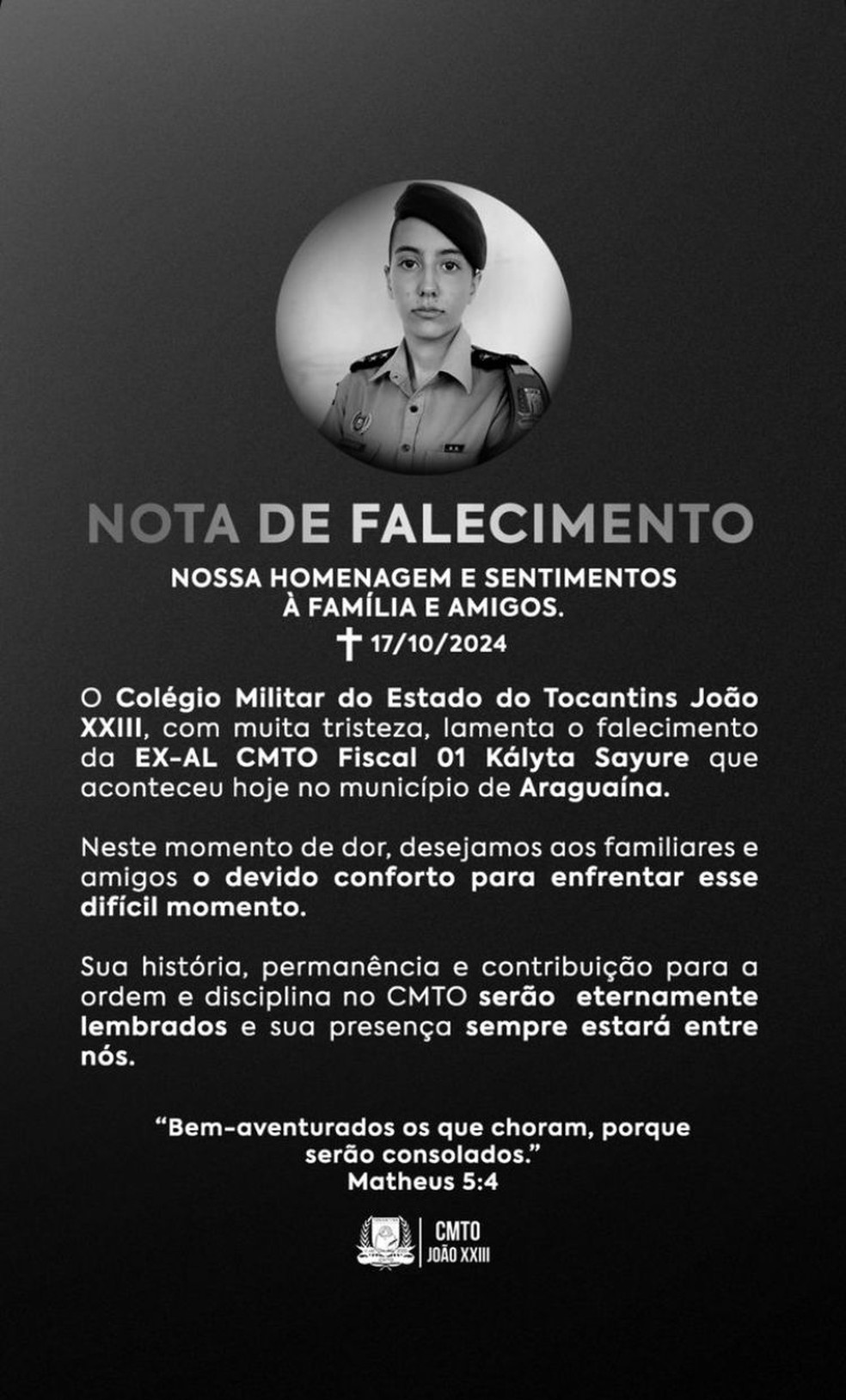 Nota de pesar pela morte de Kályta — Foto: Divulgação
