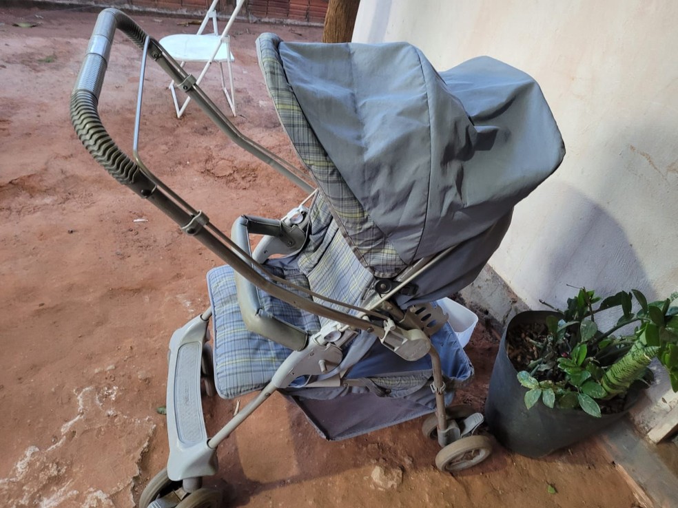 Carrinho de bebê que teria sido utilizado por suspeitos para transportar partes do corpo da vítima após crime em Quintana (SP) — Foto: Polícia Civil/Divulgação