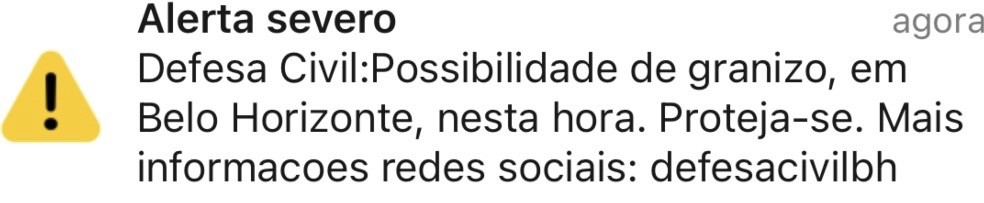 Defesa Civil alerta para possibilidade de granizo em Belo Horizonte