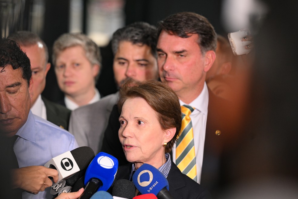 Senadores Tereza Cristina (PP) e Flávio Bolsonaro (PL), ao fundo, em agosto de 2025 — Foto: Edilson Rodrigues/Agência Senado