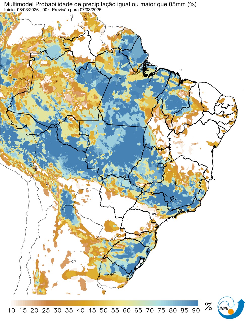 Previsão de chuva neste sábado em todo o país. — Foto: CPTEC/Inpe