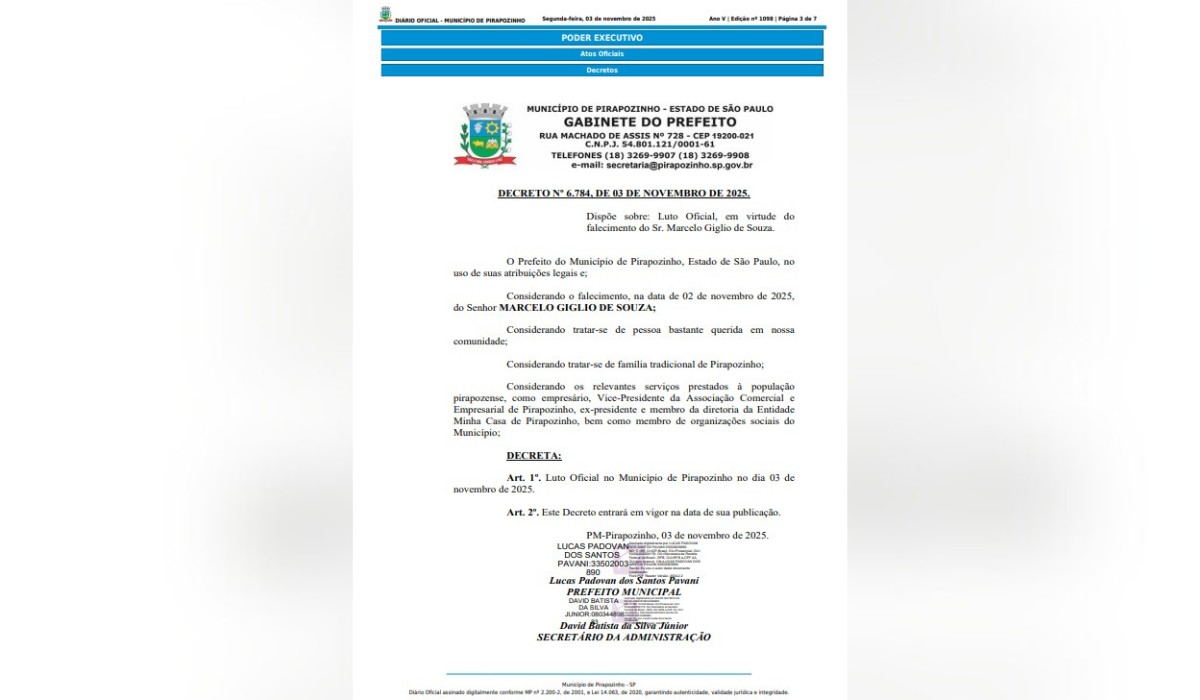 Pirapozinho decreta luto oficial pela morte de empresário vítima de temporal em festa universitária no interior de SP