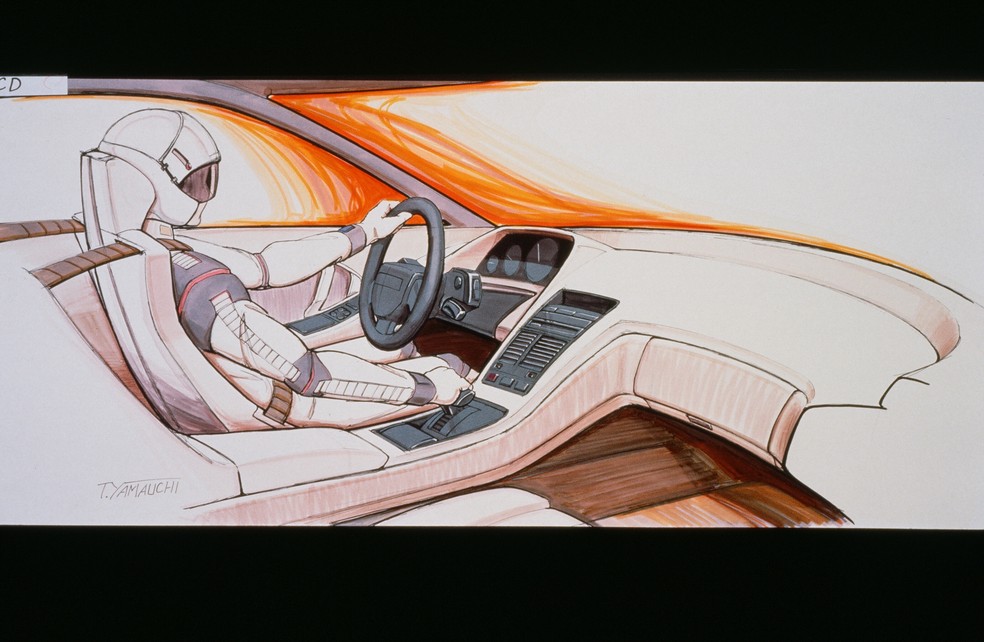 Desenho conceitual dos anos 1980 mostra como seria a cabine do futuro Honda NSX. — Foto: Divulgação / Honda