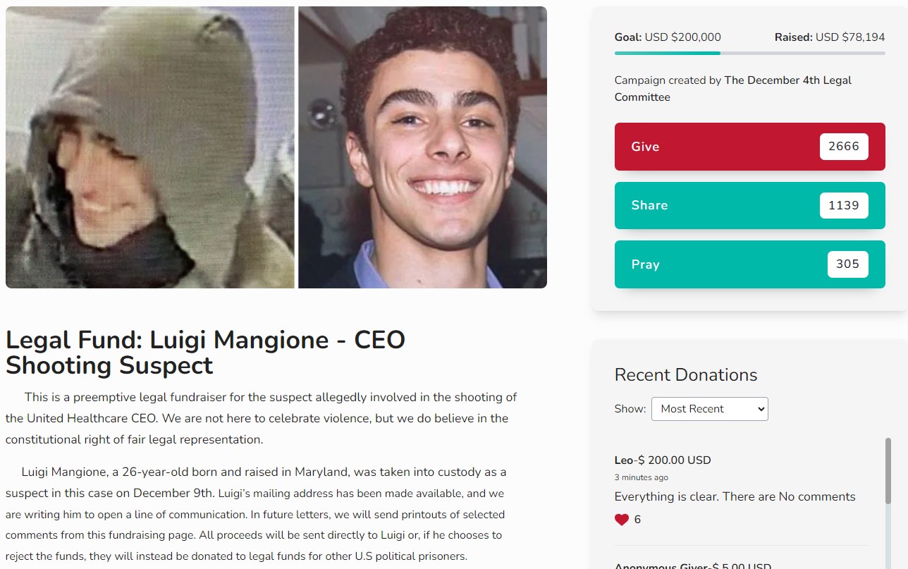 Vaquinha virtual para Luigi Mangione, acusado de matar CEO em Nova York, já arrecadou R$ 472 mil