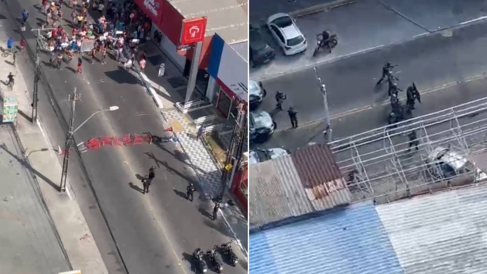 Policiais e manifestantes entram em confronto após morte de mulher em expulsão de terreno — Foto: TV Verdes Mares/Reprodução