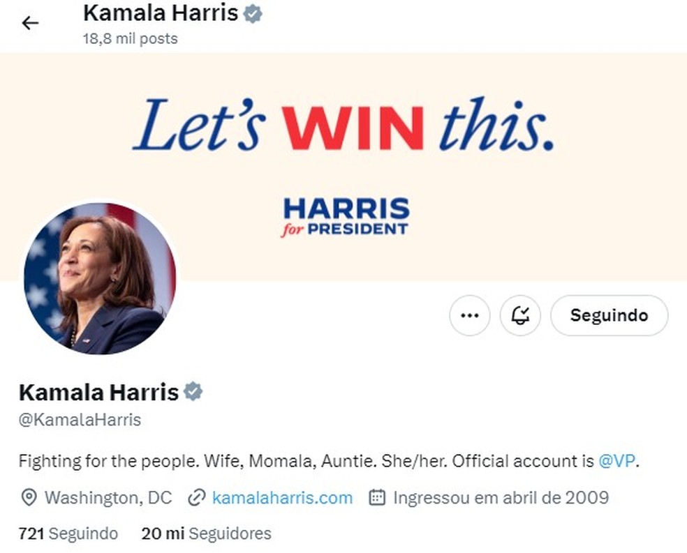 Perfil de Kamala Harris na rede social X em 22 de julho de 2024 — Foto: Reprodução/Redes sociais