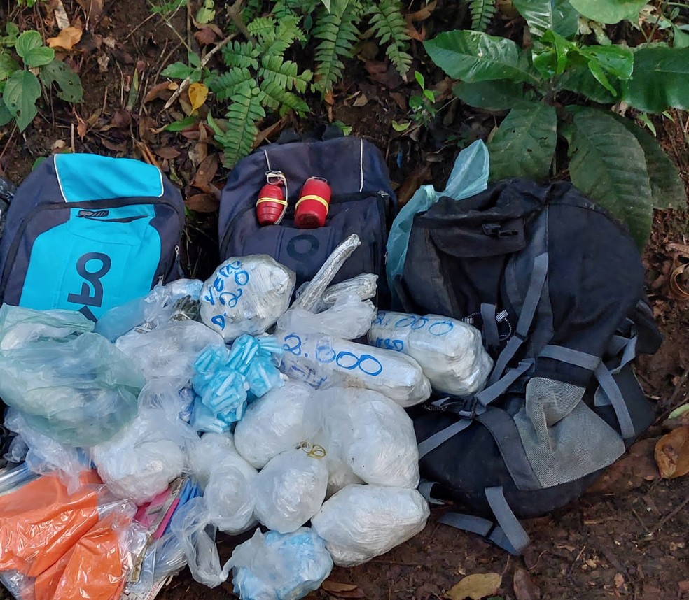 Aproximadamente 25 kg de drogas foram encontrados no Morro Santa Maria em Santos (SP) — Foto: Baep/Divulgação