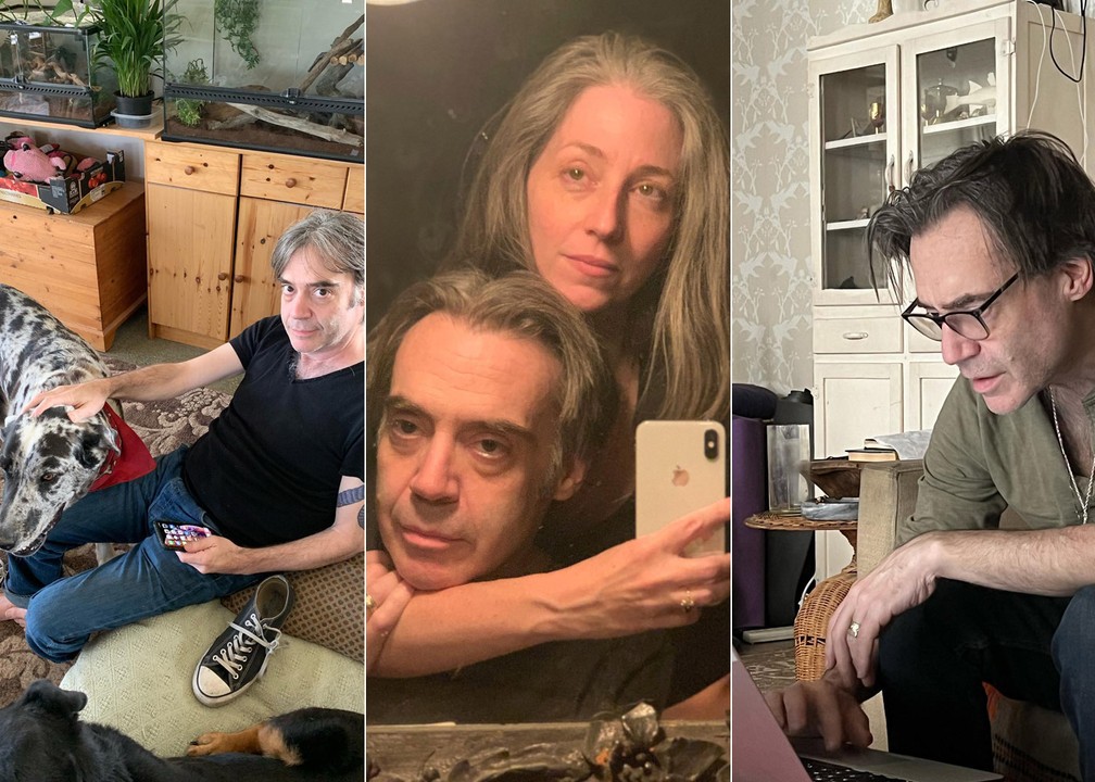 Três momentos da vida pessoal de Brad Roberts, do Crash Test Dummies: com o cachorro, com a esposa e compondo — Foto: Reprodução/Facebook do artista