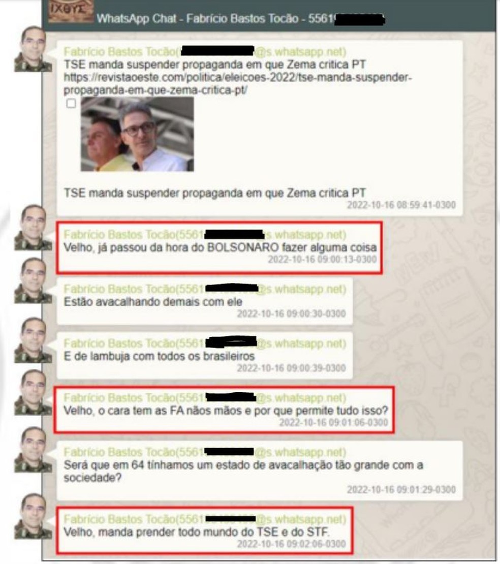 Mensagens em que militar compara 2022 a 1964 &mdash; Foto: PF/Reprodu&ccedil;&atilde;o