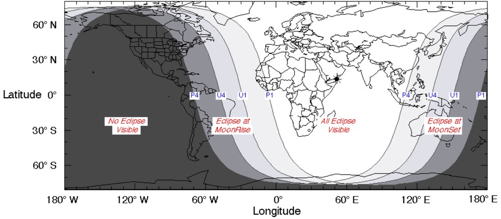 Visibilidade do eclipse lunar de outubro. No Brasil, fenômeno acontecerá perto do nascer da Lua, o que dificultará sua observação. — Foto: NASA