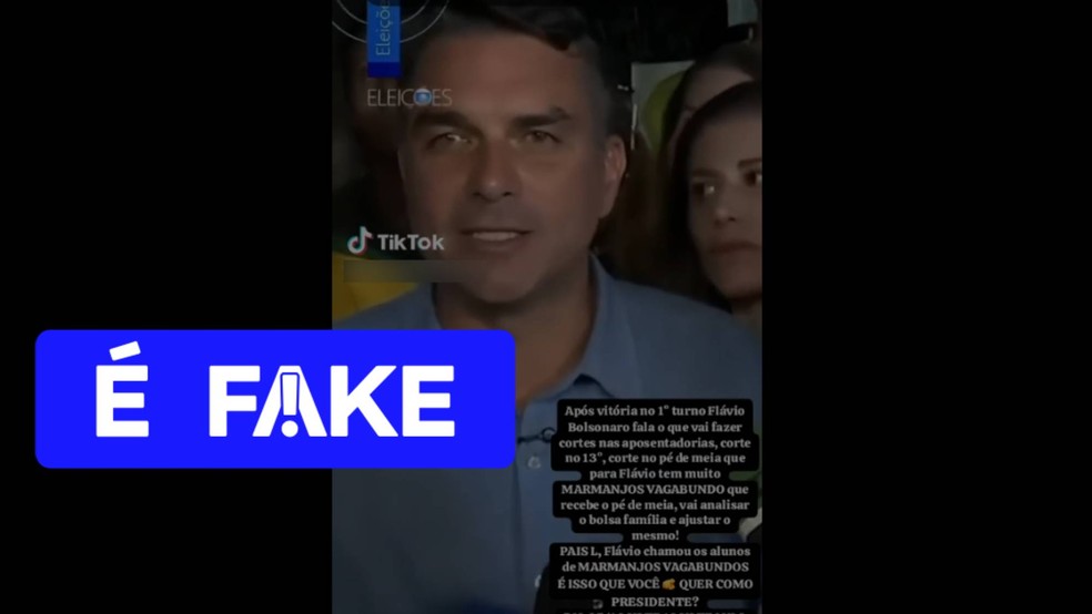 É #FAKE vídeo de Flávio Bolsonaro dizendo que vai cortar 13° salário e aposentadorias; fala foi manipulada com IA — Foto: Reprodução
