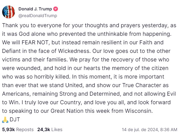 Em novo post, Trump pede união e diz que está ansioso para falar ao público em evento em Wisconsin