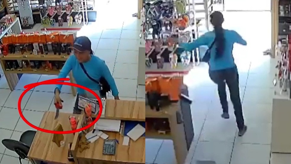 Assaltante é expulsa por vendedora de loja após deixar cair faca. — Foto: Reprodução