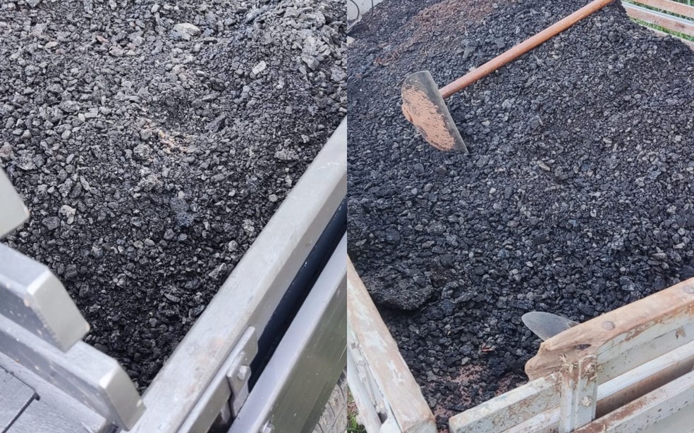 Homens s&atilde;o presos suspeitos de tentarem furtar res&iacute;duos de asfalto em Jales (SP) &mdash; Foto: Divulga&ccedil;&atilde;o / Pol&iacute;cia Rodovi&aacute;ria Estadual