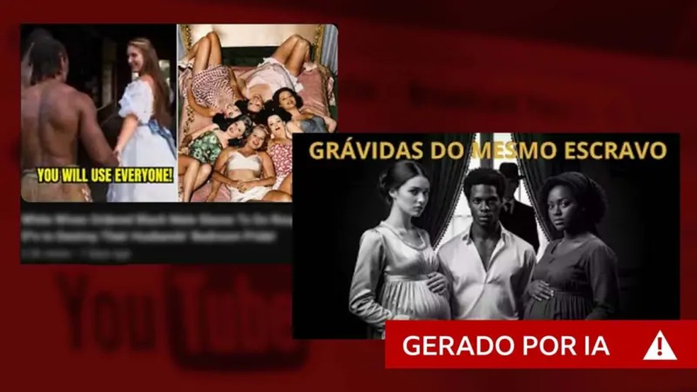 Vídeos feitos por IA abordam tema da escravidão com histórias de romance entre escravos e mulheres brancas — Foto: Reprodução/YouTube/BBC