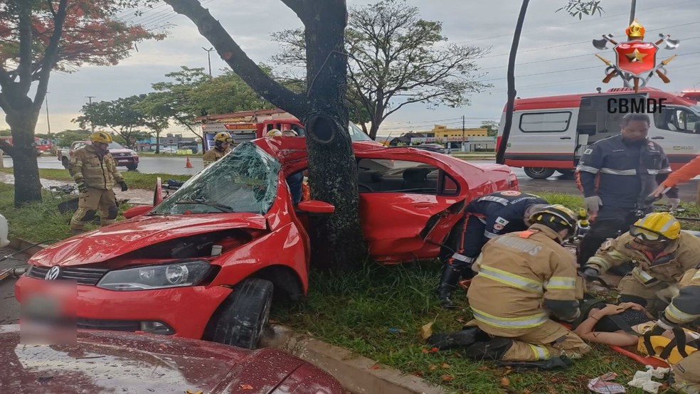 Carro que bateu em árvore no Jardim Botânico, no Lago Sul. — Foto: Reprodução/CBMDF