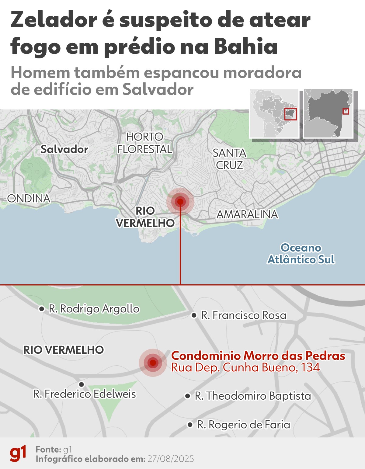 Zelador é suspeito de atear fogo em prédio e espancar moradora em Salvador