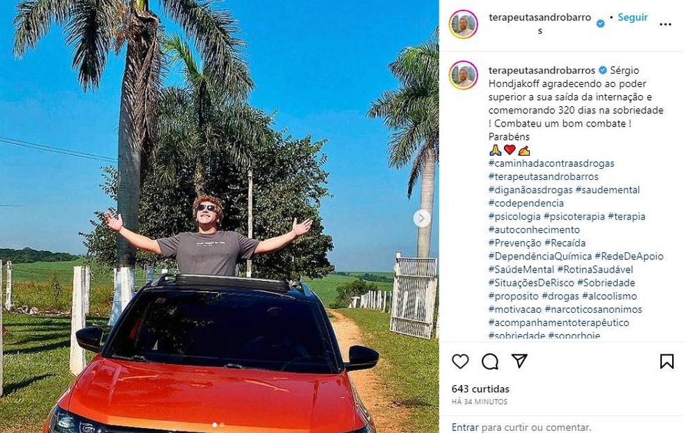 Foto mostra Sérgio Hondjakoff agradecendo alta de clínica de reabilitação em Itu  — Foto: Instagram/Reprodução