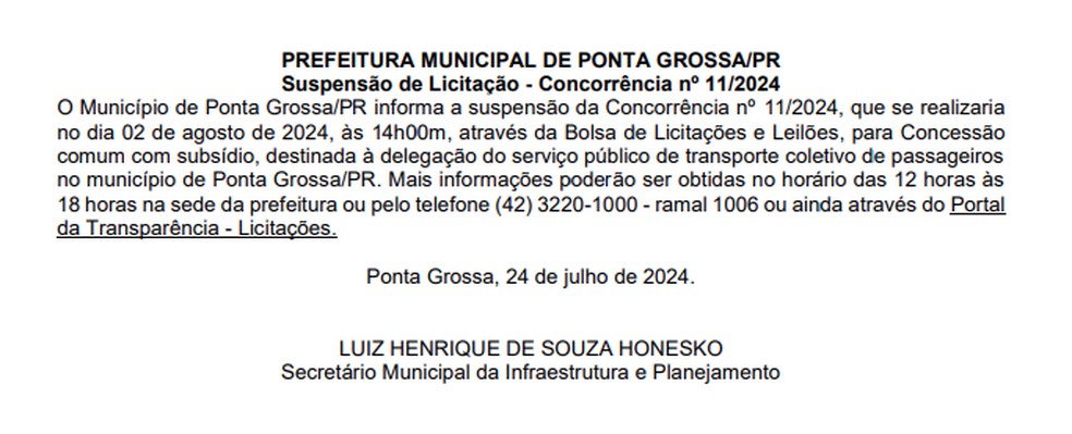 Aviso de suspensão da licitação — Foto: Reprodução