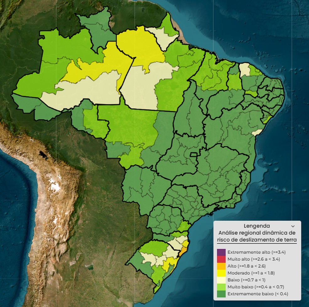 Alerta do Cemaden sinaliza índice elevado para deslizamentos em regiões do Norte e do Sul do país. — Foto: Cemaden